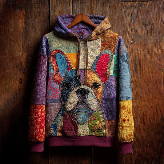 Comstylish Vintage Patchwork Lovely Cute Pug French Bulldog Inspired Washed Hoodie