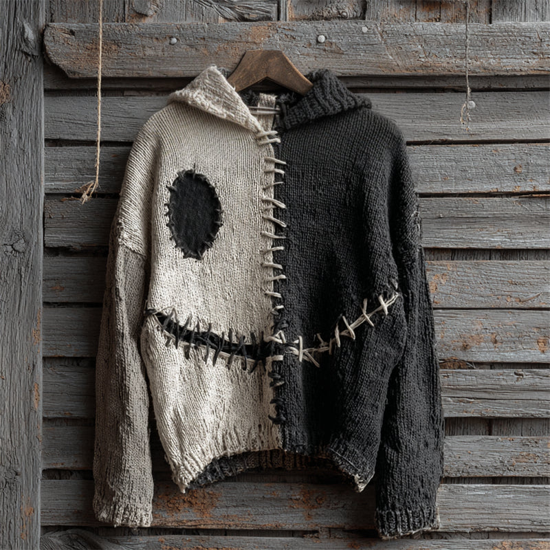 Halloween Spooky Face Contrast Stitched Hooded Cozy Knit Sweater artswardrobe