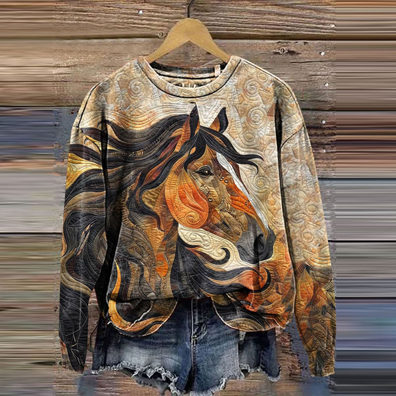 Comstylish Vintage Western Horse Print Crew Neck Sweatshirt