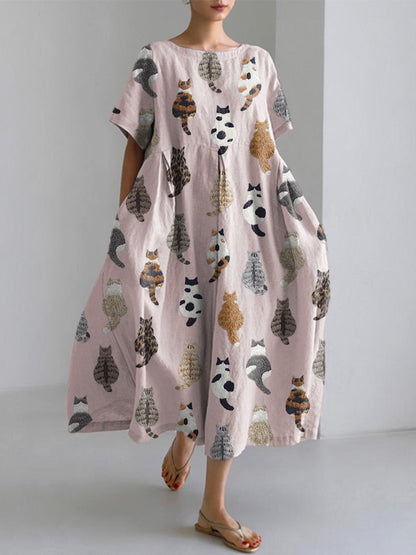 Comstylish Cute Cats Embroidery Pattern Linen Blend Dress