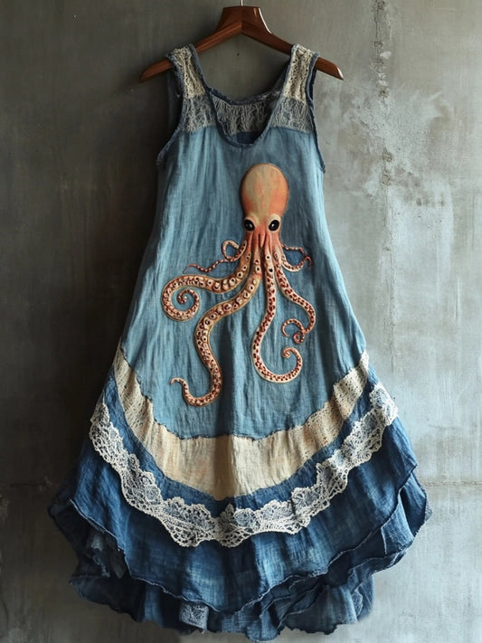 Vintage Octopus Pattern Lace Patchwork Linen Blend Dress artswardrobe