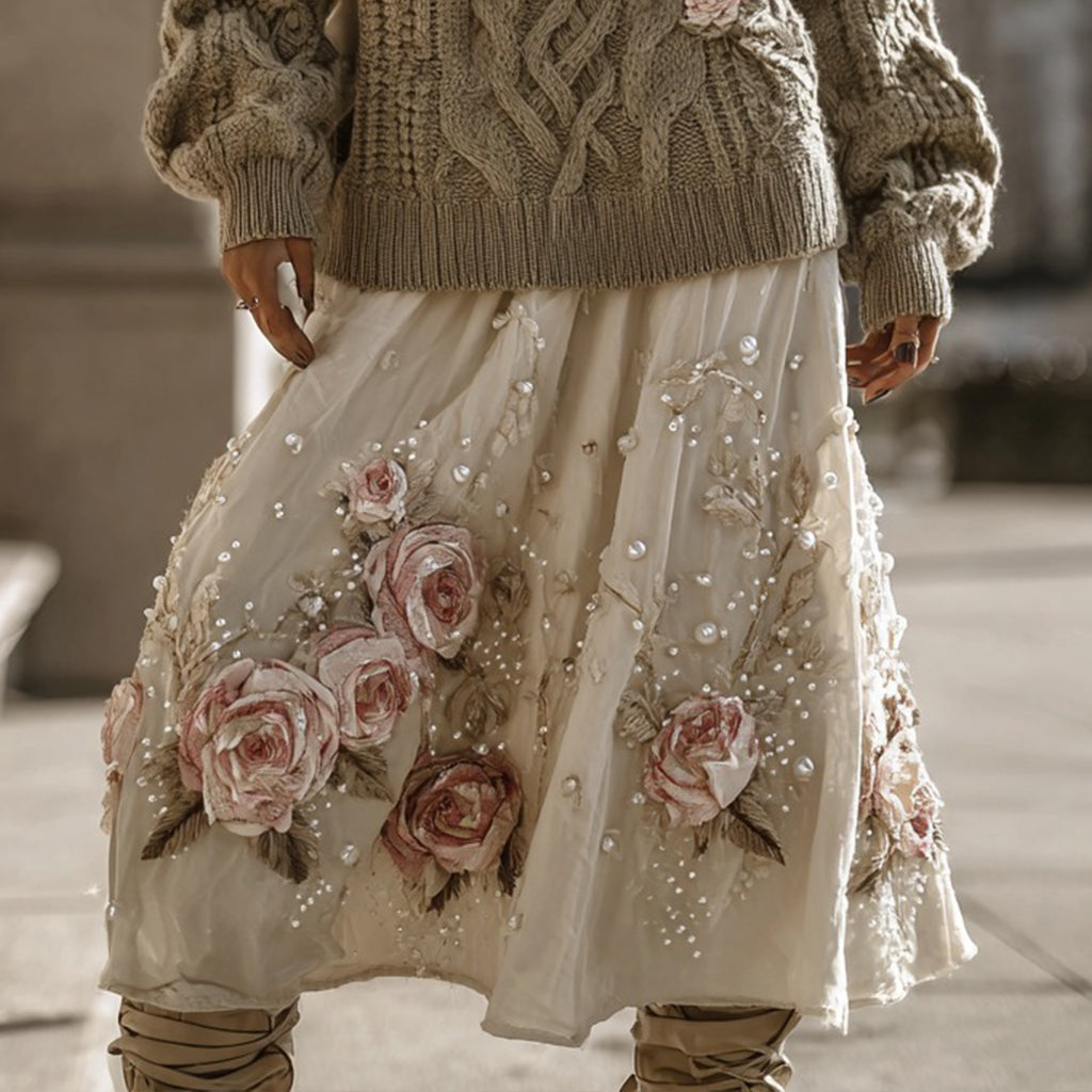 Vintage Rose Pattern Cable Knit Sweater And Linen Skirt Two-piece Set elevenforest
