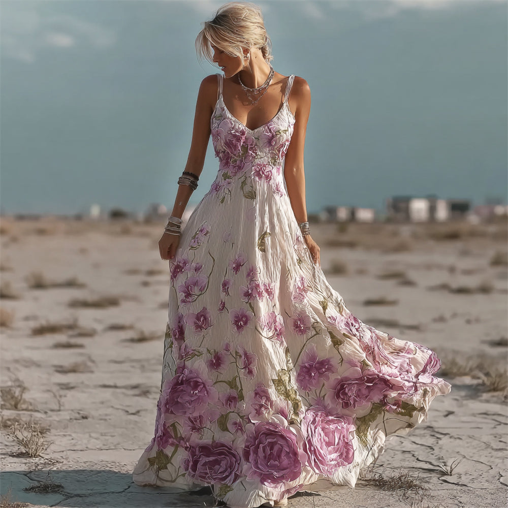 Boho Floral Embroidery Vintage Women's Linen Spaghetti Strap Maxi Dress elevenforest