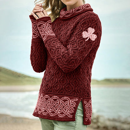 Women's Celtic Knotted Clover Creative Jacquard Turtleneck Sweater artswardrobe