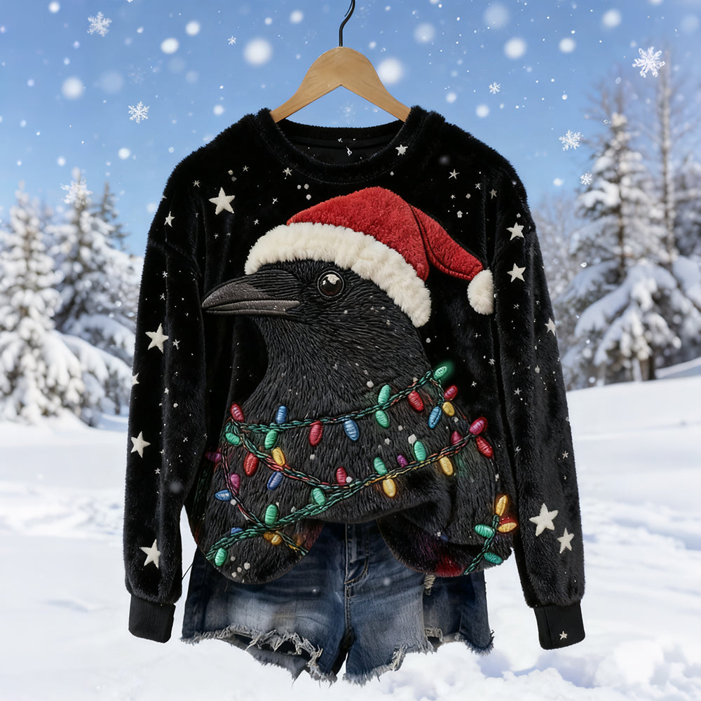 Comstylish Christmas Lights Raven Embroidered Cozy Plush Sweatshirt