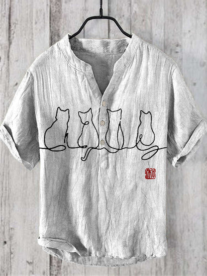 Japanese Cat Print Men's Linen V-Neck Shirt elevenforest