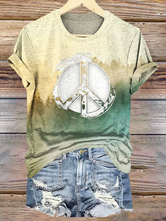 Women's Retro Hippie Peace Sign Print Crew Neck T-shirt