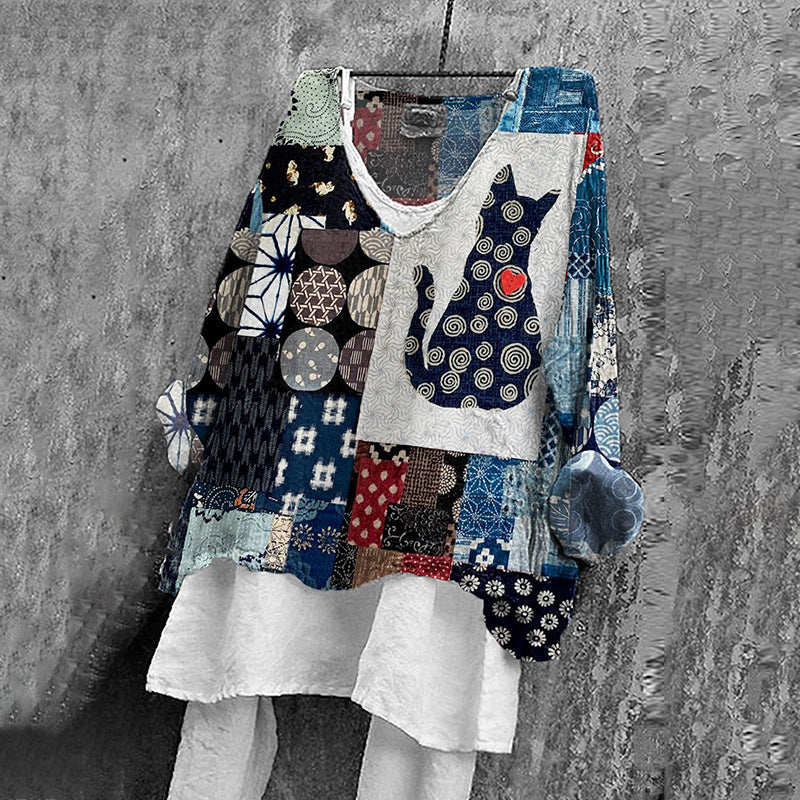 Japanese Cat And Floral Print V-neck T-shirt elevenforest