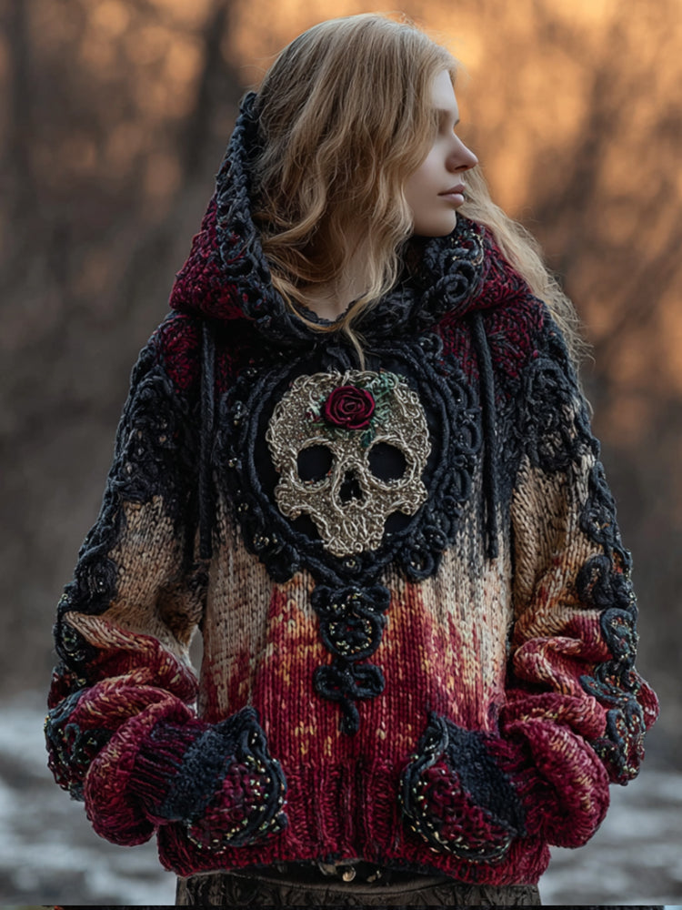Comstylish Skull Bloodstained Coarse Needle Hooded Sweater