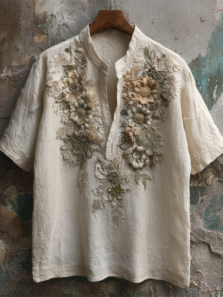 Vintage 3d Floral Art Men's Linen V-neck Shirt artswardrobe