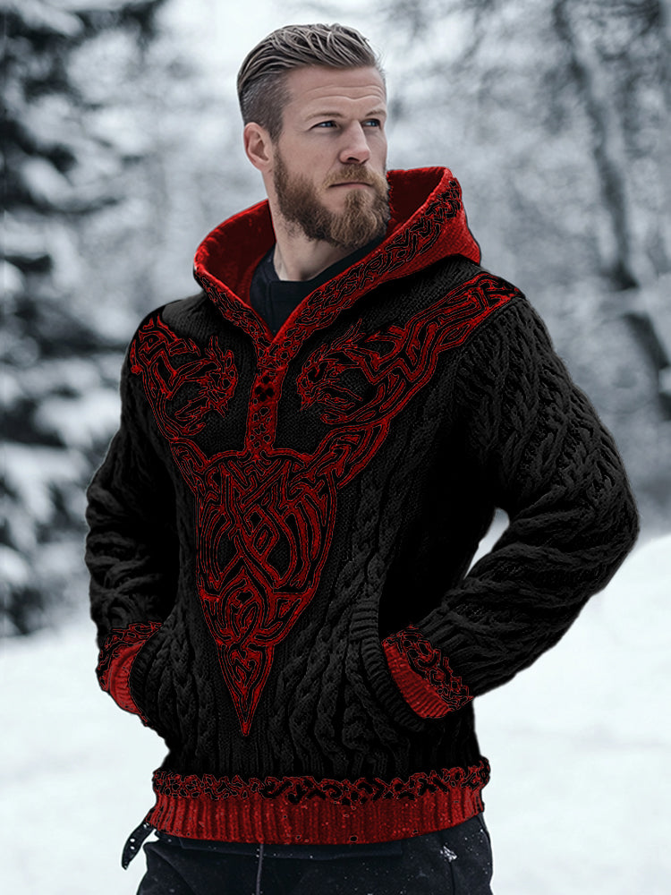Men's Viking Celtic Contrast Cozy Chunky Hooded Sweater elevenforest