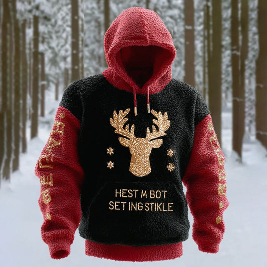 Comstylish Men's Christmas Themed Embroidered Color Blocked Hoodie