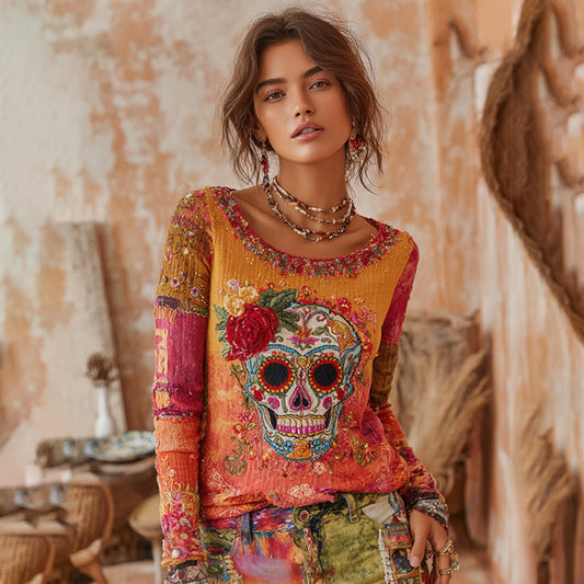 Comstylish Women's Classic Mexican Sugar Skeleton Catrina Day Of The Dead Inspired Painting Embroidered Casual Linen Long Sleeve T-shirt