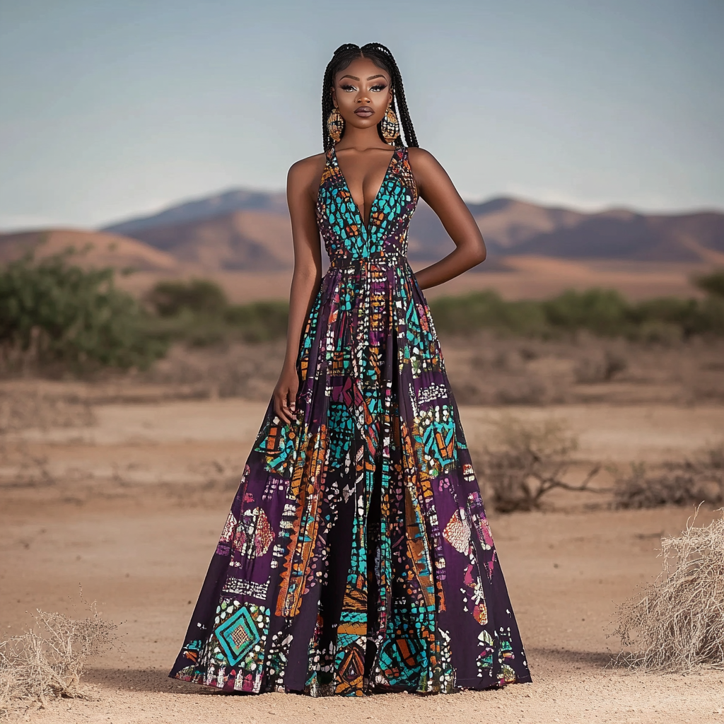 Vintage African Tribal Floral Deep V Women's Dress artswardrobe