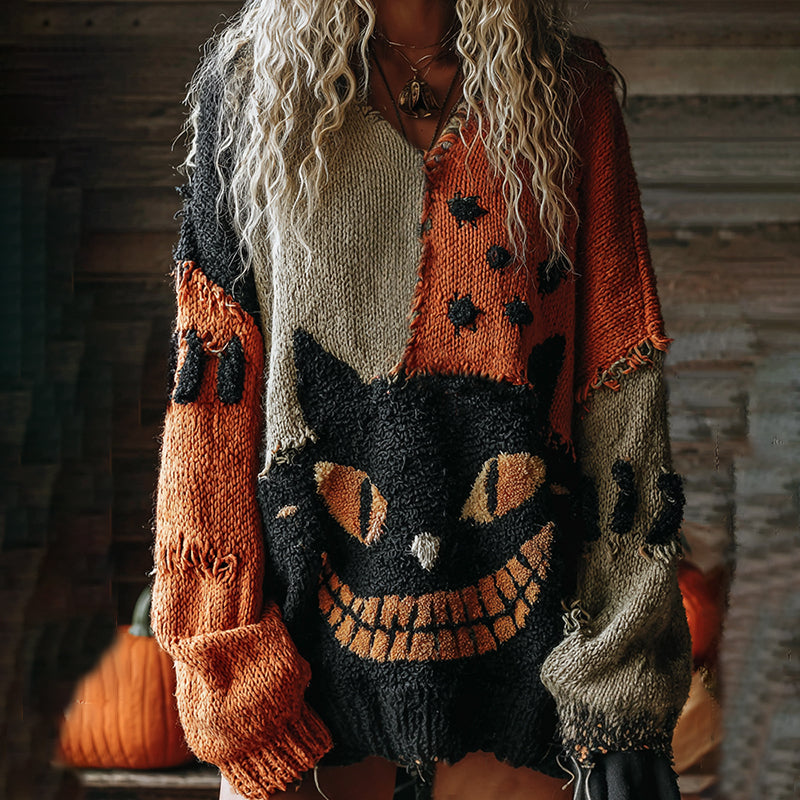 Comstylish Halloween Cute Cat Face Art Cozy Knit Sweater