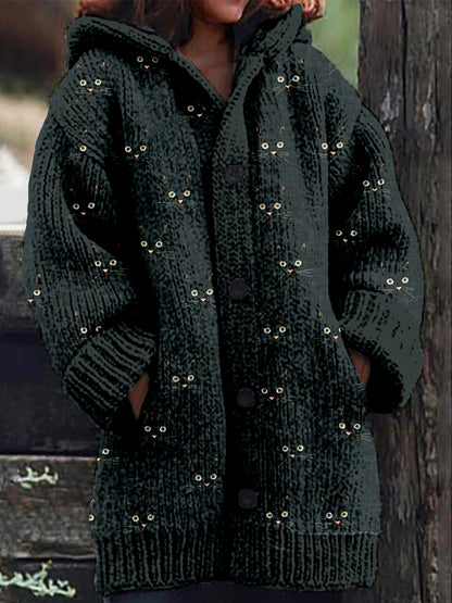 Cute Cat Face Pattern Cozy Hooded Knit Cardigan elevenforest