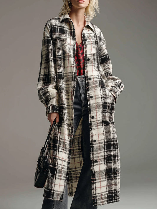 Retro Casual Button-down Black And White Plaid Shirt Maxi Dress