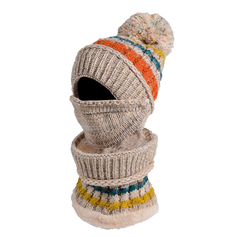 Three-Piece Fleece And Color-Block Knitted Hat, Scarf And Mask elevenforest