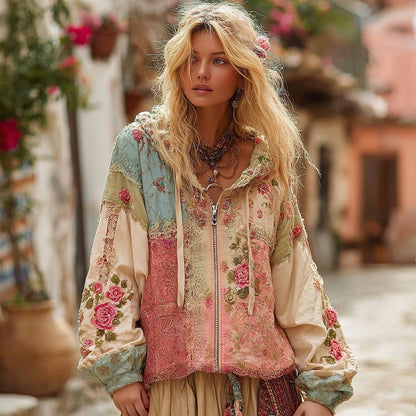 Comstylish Women's Floral Embroidery Color Block Boho Casual Zip-up Hoodie