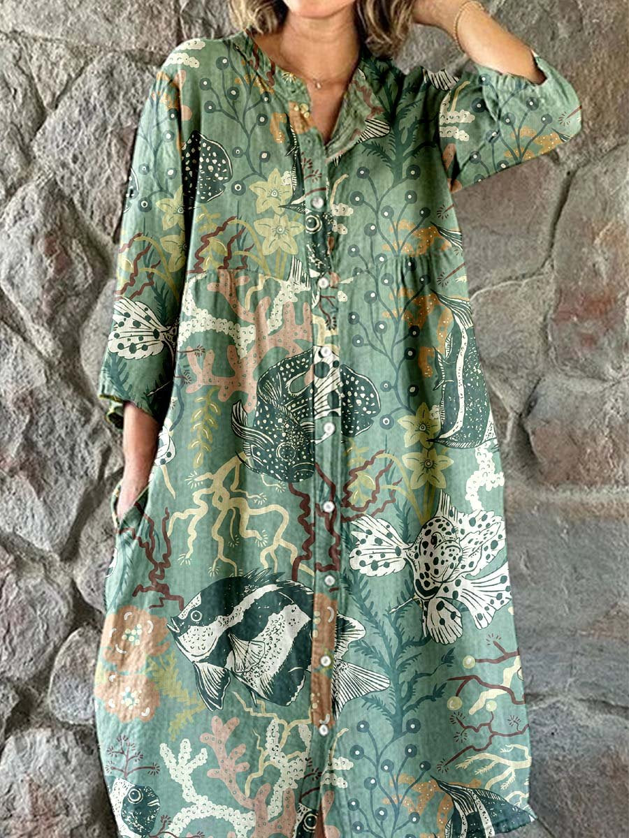 Women's Elegant Vintage Underwater World Pattern Print Shirt Style Cot