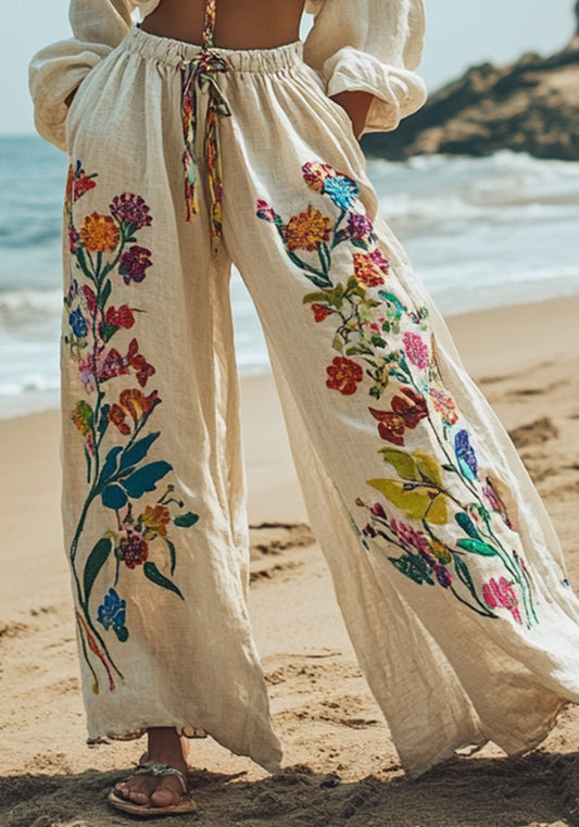 Comstylish Floral And Botanical Embroidery Linen Lounge Pants