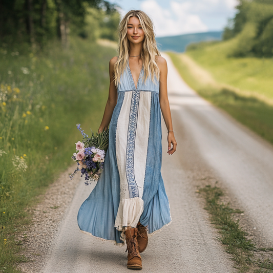 Spring Girl Green Pastoral Style Retro Bohemian Art Floral Embroidery Pattern Linen Tank Dress artswardrobe