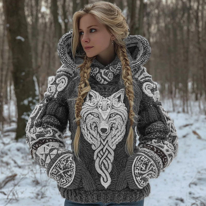 Cardigan s kapucí ze směsové bavlny s motivem keltského vlka