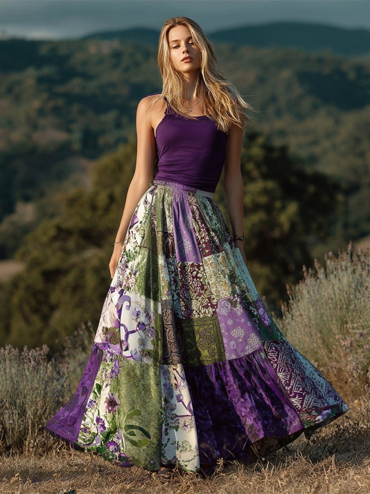 Boho Purple Patchwork Floral Pattern Women's Linen Half-length Skirt artswardrobe