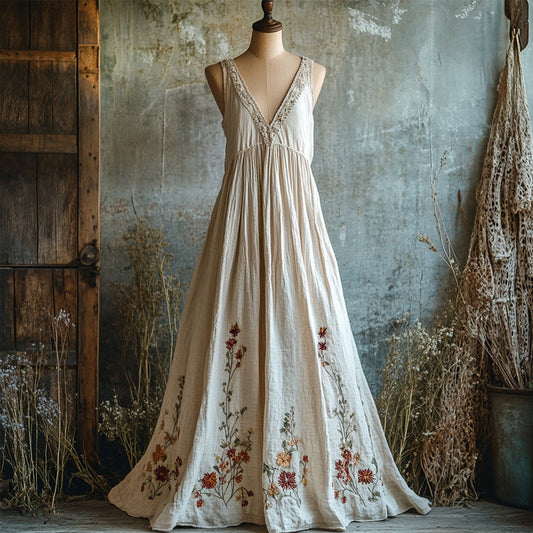 Boho Floral Embroidered Linen Flowy Maxi Dress artswardrobe