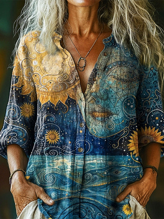 Women's Mysterious Sun Goddess Art Print Casual Cotton and Linen 3/4 S