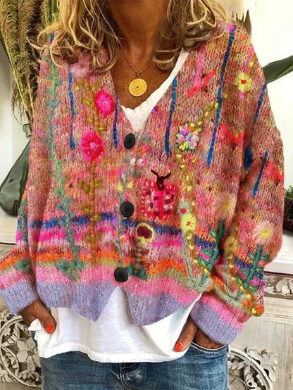 Vlněný cardigan s vícebarevným květinovým knoflíkovým zapínáním