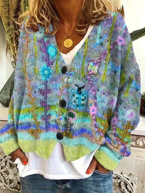 Vlněný cardigan s vícebarevným květinovým knoflíkovým zapínáním