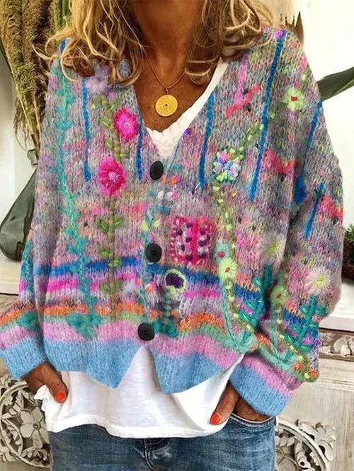 Vlněný cardigan s vícebarevným květinovým knoflíkovým zapínáním