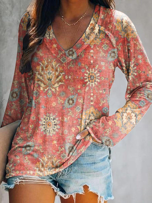 Women's Retro Ethnic Totem Art Print Casual V-neck Long Sleeve T-shirt