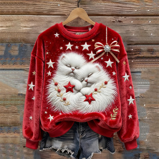 Christmas Sleeping Cats Stars Embroidered Cozy Plush Sweatshirt