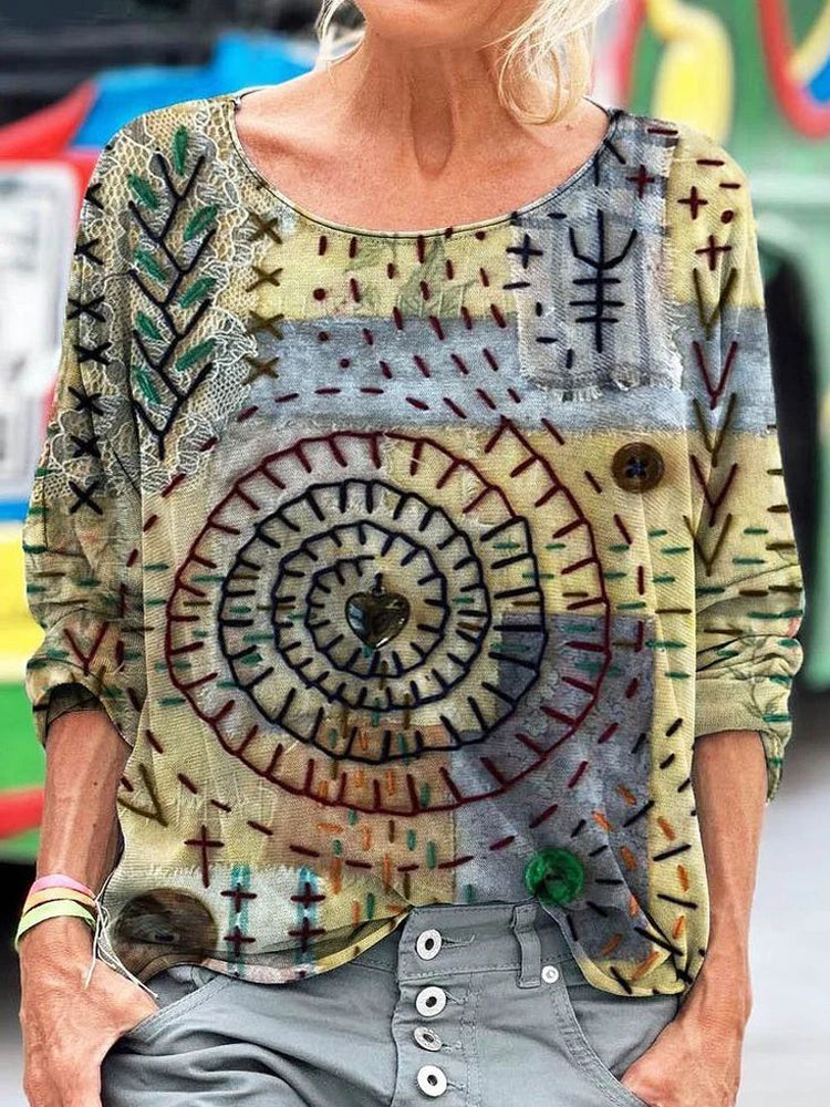Geometric Stitch Embroidery Pattern Women's Linen Long Sleeve T-shirt artswardrobe
