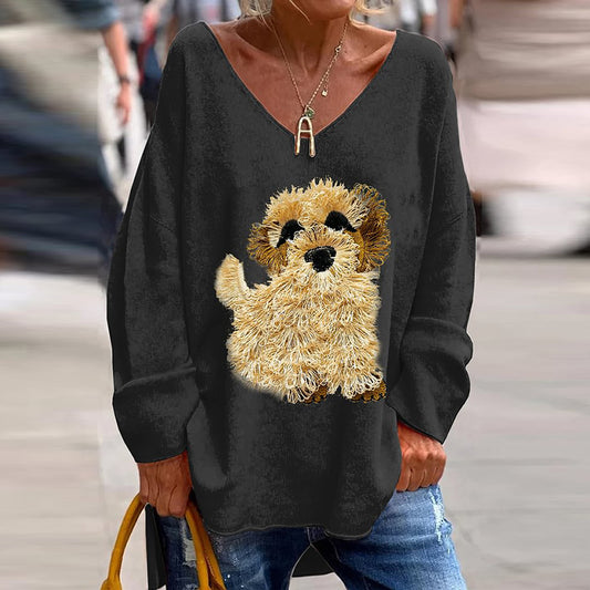 Comstylish Cute Dog Print V-Neck Loose T-Shirt