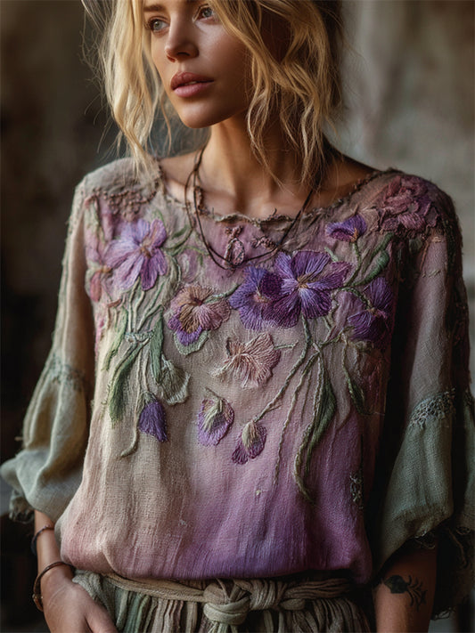 Vintage Pansy Floral Forest Gradient Flowy Linen Tunic artswardrobe