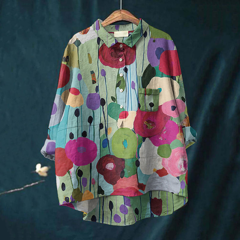 Comstylish Vintage Color Floral Art Print Casual Cotton Linen Shirt