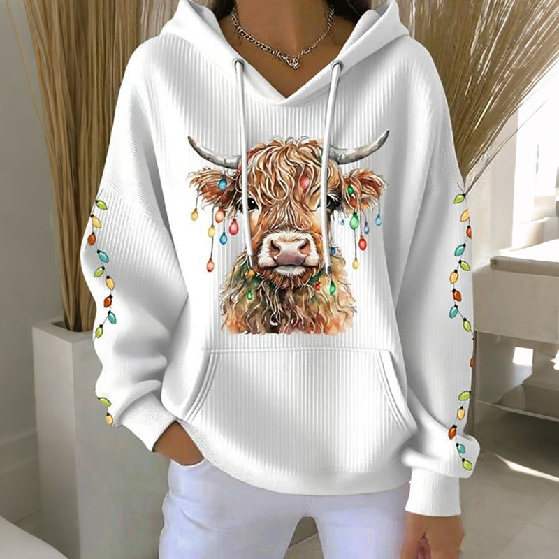 Comstylish Women's Christmas Highland Cow Print Casual Hoodie
