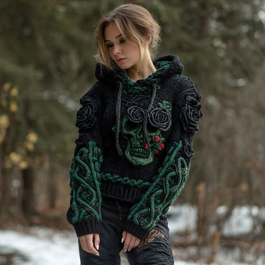 Comstylish Women's Vintage Celtic Knot Skull And Rose Patchwork Hooded Sweater