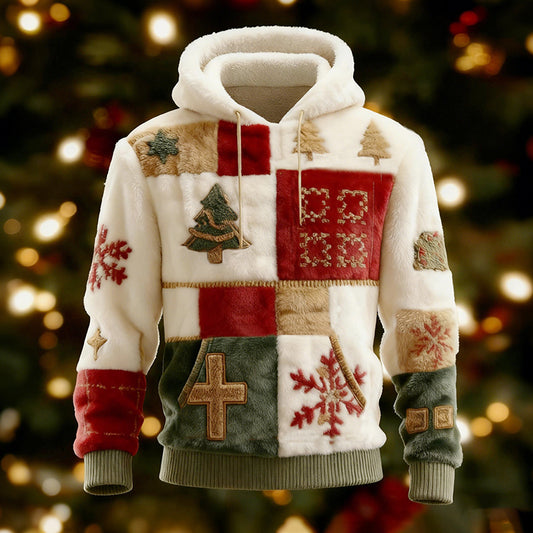Comstylish Christmas Tree Snowflake And Cross Pattern Men's Flannel Color-blocked Hoodie