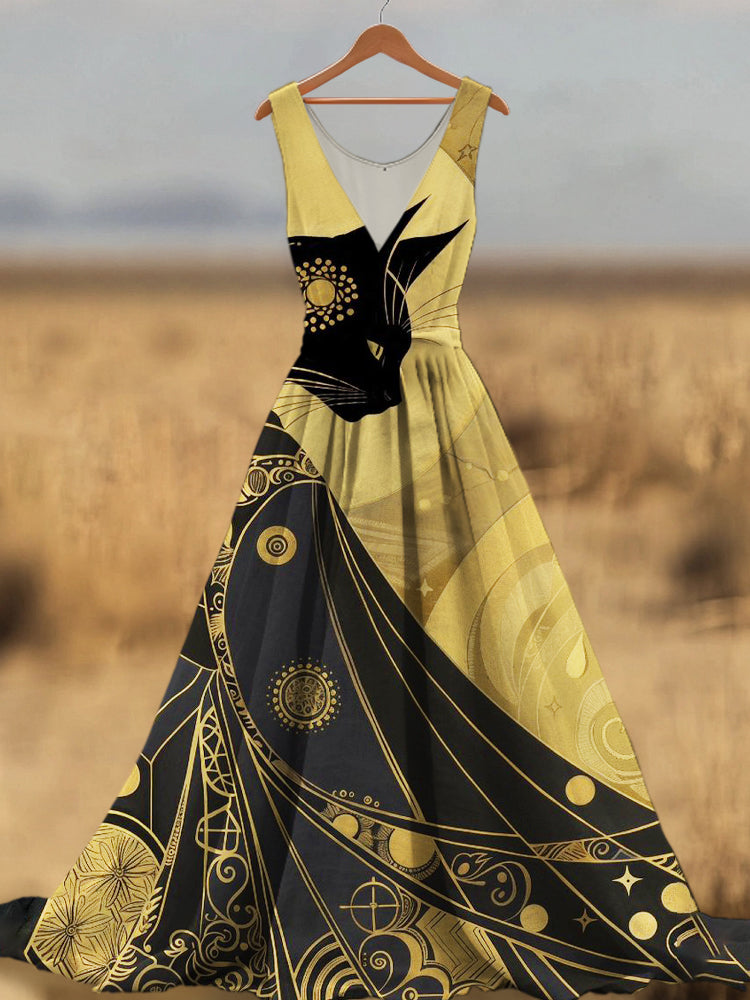Comstylish Egyptian Cat Print Women's V-neck Linen Maxi Dress
