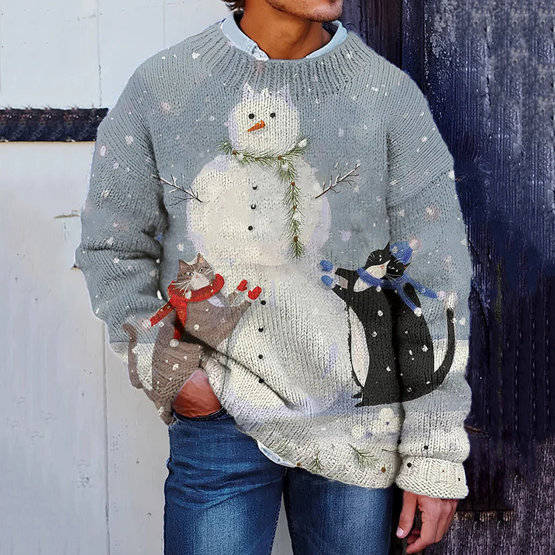 Men's Christmas Cat Snowman Art Print Knit Sweater elevenforest