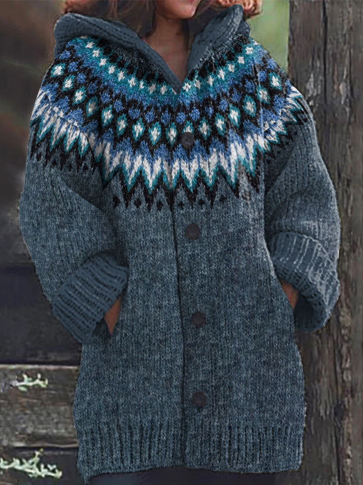 Retro Geometric Contrast Pattern Hooded Sweater Cardigan elevenforest
