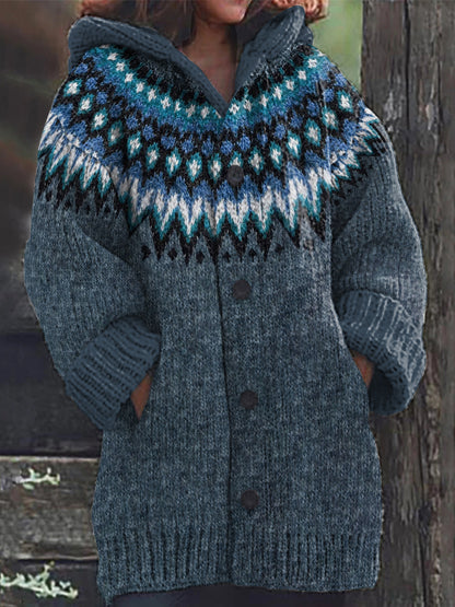 Retro Geometric Contrast Pattern Hooded Sweater Cardigan elevenforest