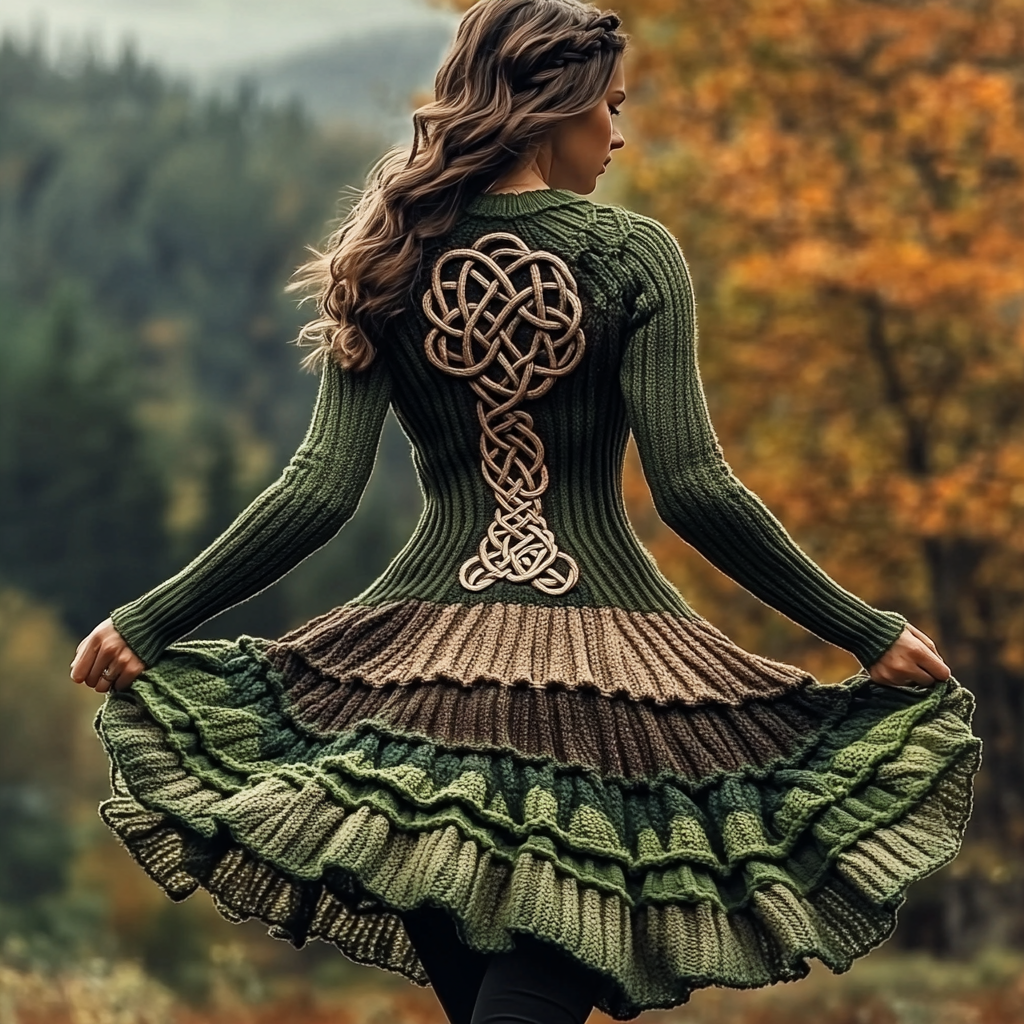 Women's Irish Celtic Knot Gradient Knit Sweater Cozy Dress elevenforest