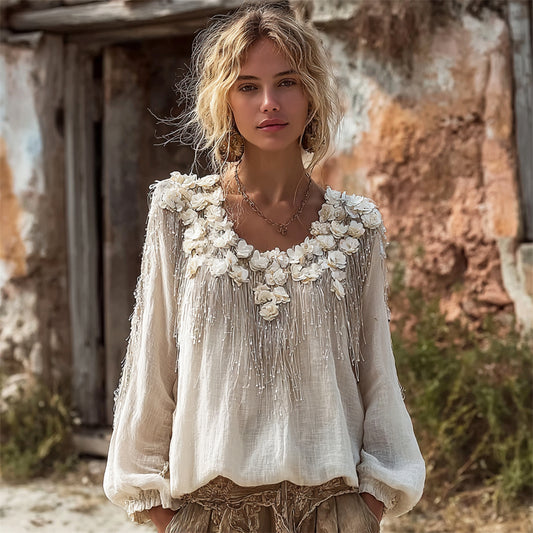 Comstylish Boho Hydrangea Tassel Embroidery Women's Linen Long Sleeve Shirt