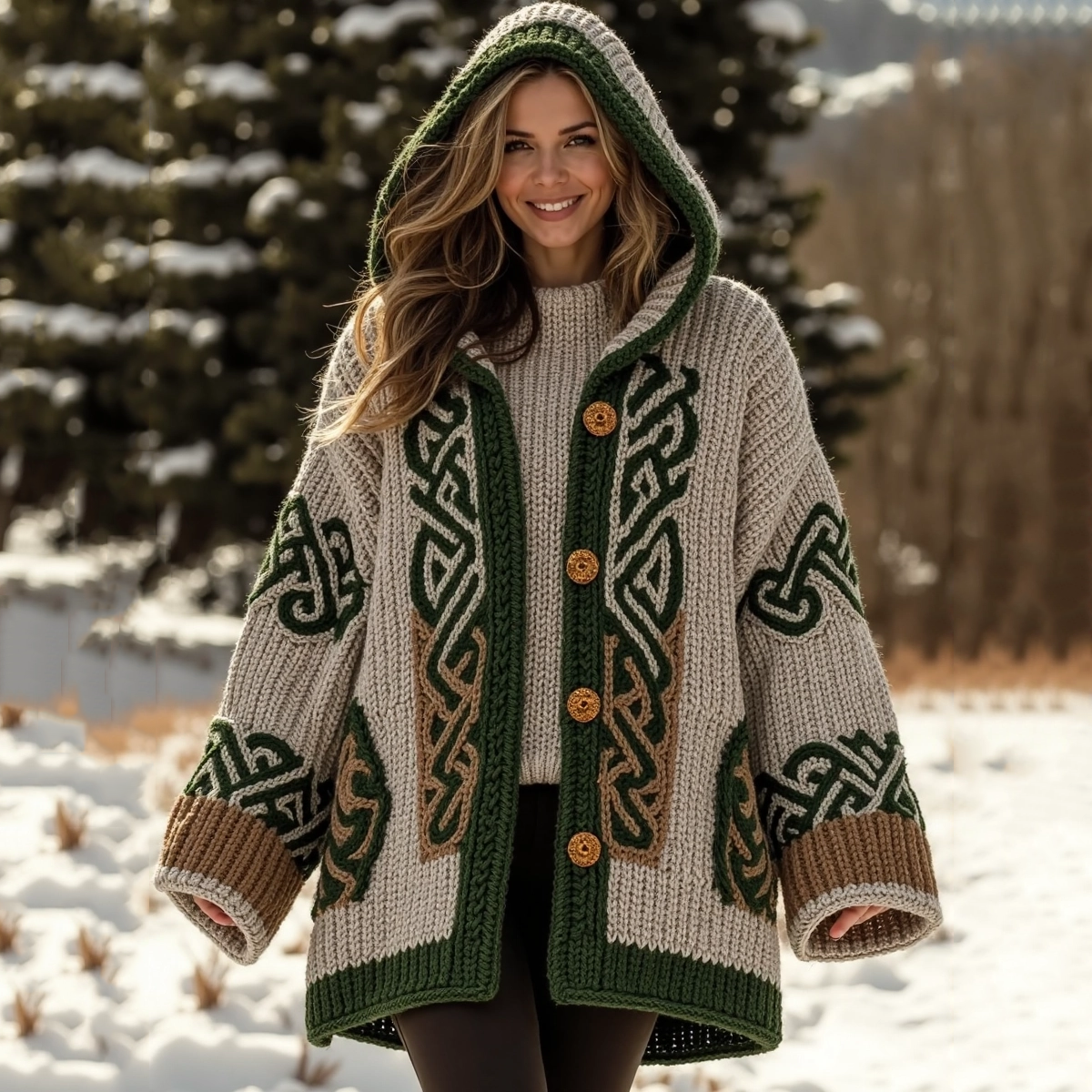 Women's Jacquard Contrast Hooded Aran Sweater Cardigan artswardrobe