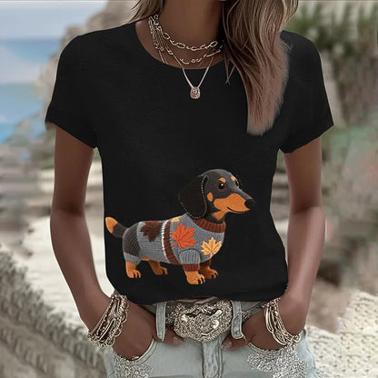 Comstylish Women's Classic Dachshund Inspired Painting Embroidered Casual Linen T-shirt